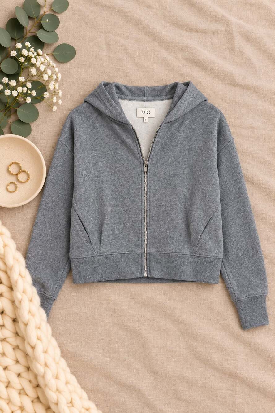Pact Organic Cotton Fleece Full Zip Hoodie Heather Gray Cropped Sweatshirt SZ M